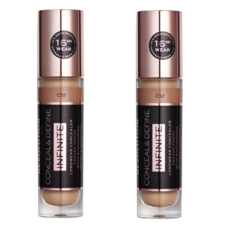 Pack of 2 Makeup Revolution Beauty Conceal & Define Infinite Longwear Concealer XL, C12