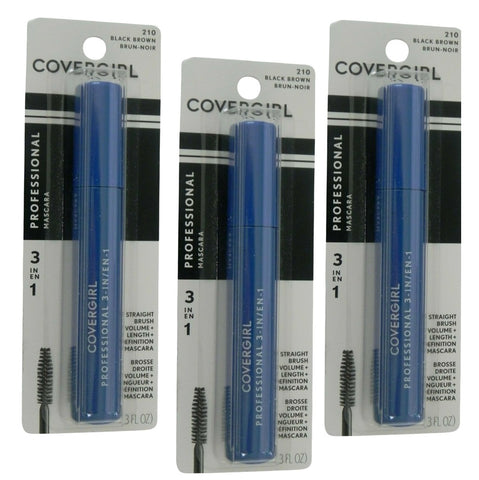 Pack of 3 CoverGirl Professional  3-in-1 Curved Brush Mascara, Black Brown 210